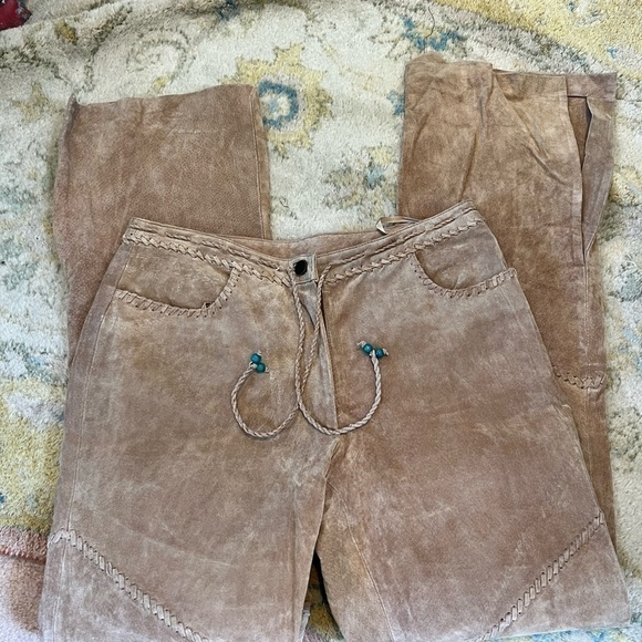 Vintage Wilsons Leather Suede Braided Flare Pants Tan Western Boho Y2K Size 10 - Picture 3 of 13